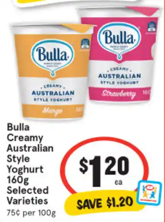 IGA Bulla Creamy Australian Style Yoghurt 160g Selected Varieties offer