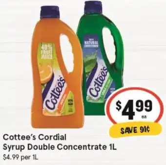 IGA Cottee's Cordial Syrup Double Concentrate 1L offer