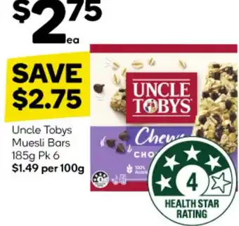 Woolworths Uncle Tobys Muesli Bars 185g Pk 6 offer