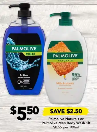 Drakes Palmolive Naturals or Palmolive Men Body Wash 1lt offer