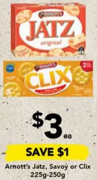 Drakes Arnott's Jatz, Savoy or Clix 225g-250g offer