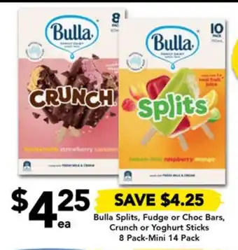 Drakes Bulla Splits, Fudge or Choc Bars, Crunch or Yoghurt Sticks 8 Pack-Mini 14 Pack offer
