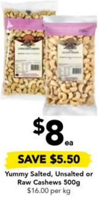 Drakes Yummy Salted, Unsalted or Raw Cashews 500g offer