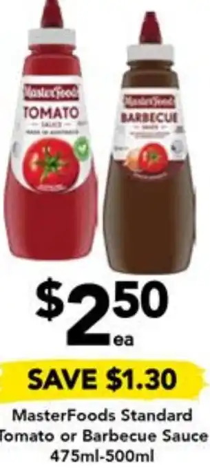 Drakes MasterFoods Standard Tomato or Barbecue Sauce 475ml-500ml offer