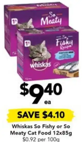 Drakes Whiskas So Fishy or So Meaty Cat Food 12x85g offer