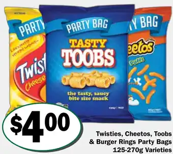 Friendly Grocer Twisties, Cheetos, Toobs & Burger Rings Party Bags 125-270g Varieties offer