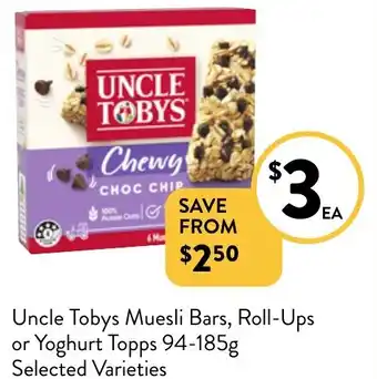 Foodworks Uncle Tobys Muesli Bars, Roll-Ups or Yoghurt Topps 94-185g offer