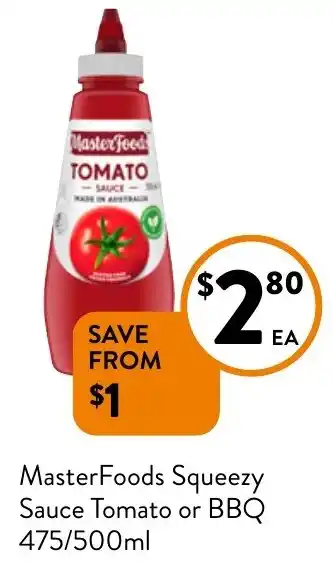 Foodworks MasterFoods Squeezy Sauce Tomato or BBQ 475/500ml offer