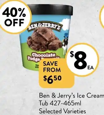 Foodworks Ben & Jerry's Ice Cream Tub 427-465ml offer