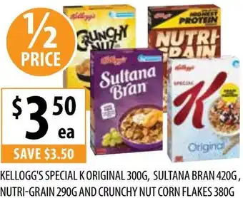 Supabarn KELLOGG'S SPECIAL K ORIGINAL 300G, SULTANA BRAN 420G, NUTRI-GRAIN 290G AND CRUNCHY NUT CORN FLAKES 380G offer