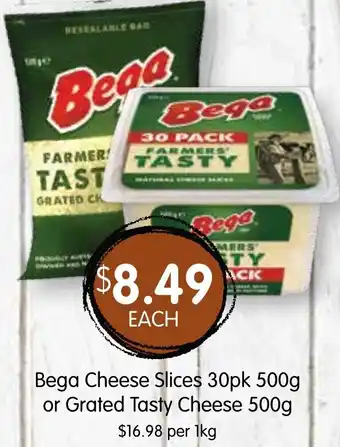 Spudshed Bega Cheese Slices 30pk 500g or Grated Tasty Cheese 500g offer