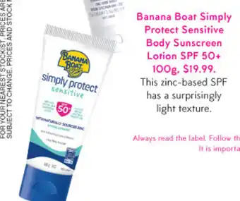Priceline Banana Boat Simply Protect Sensitive Body Sunscreen Lotion SPF 50+ 100g offer