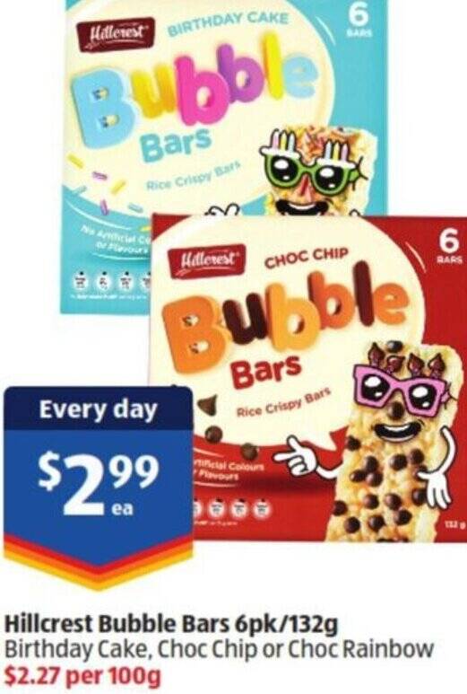 Hillcrest Bubble Bars 6pk/132g Birthday Cake, Choc Chip or Choc Rainbow