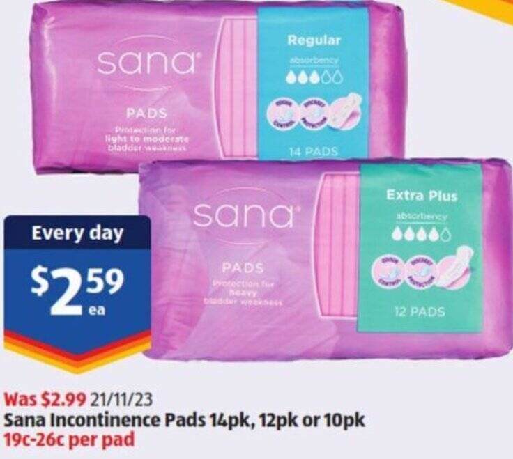 Sana Incontinence Pads 14pk, 12pk or 10pk offer at ALDI