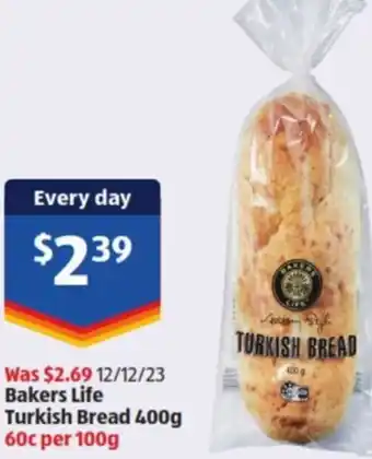 ALDI Bakers Life Turkish Bread 400g offer