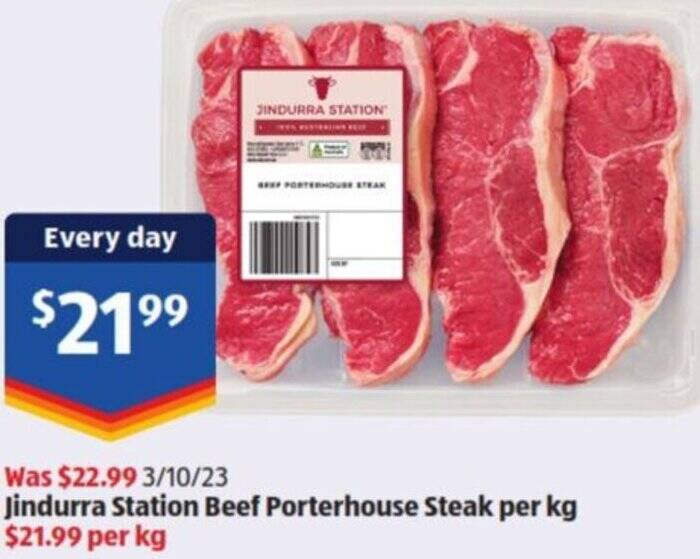 Jindurra Station Beef Porterhouse Steak per kg offer at ALDI
