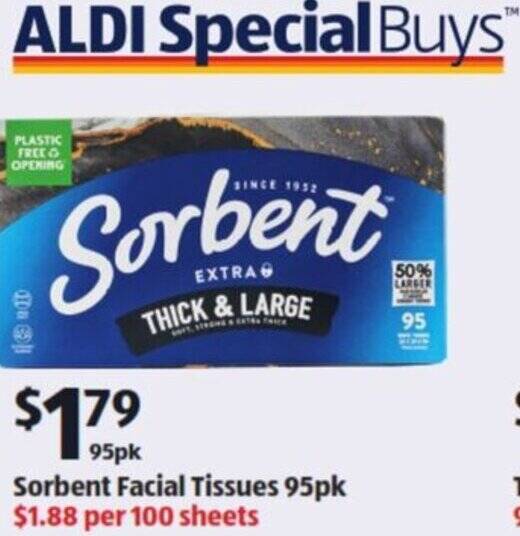 Sorbent Facial Tissues 95pk offer at ALDI
