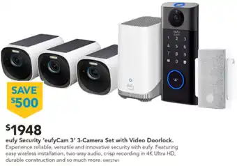 Harvey Norman eufy Security 'eufyCam 3' 3-Camera Set with Video Doorlock offer