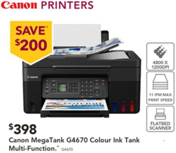 Canon MegaTank G4670 Colour Ink Tank MultiFunction offer at Harvey Norman