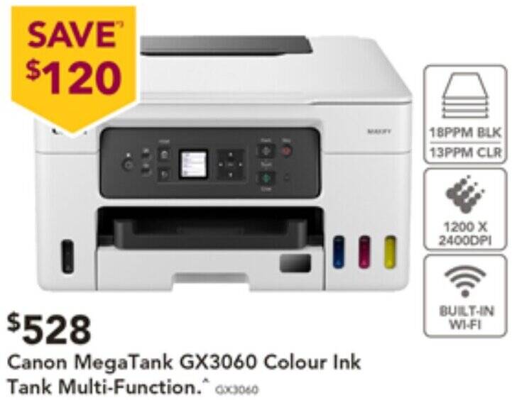 Canon MegaTank GX3060 Colour Ink Tank MultiFunction offer at Harvey Norman
