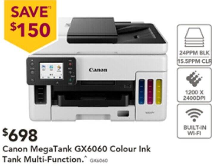 Canon MegaTank GX6060 Colour Ink Tank MultiFunction offer at Harvey Norman