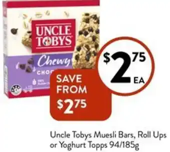Foodworks Uncle Tobys Muesli Bars, Roll Ups or Yoghurt Topps 94/185g offer