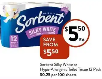 Foodworks Sorbent Silky White or Hypo-Allergenic Toilet Tissue 12 Pack offer