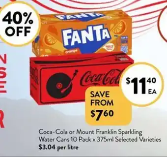 Foodworks Coca-Cola or Mount Franklin Sparkling Water Cans 10 Pack x 375ml Selected Varieties offer