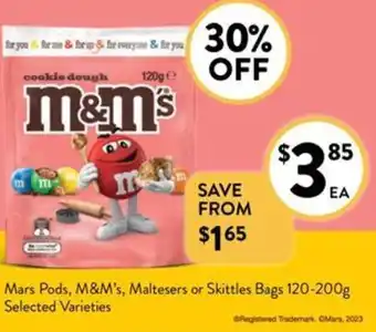 Foodworks Mars Pods, M&M's, Maltesers or Skittles Bags 120-200g Selected Varieties offer