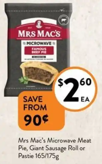 Foodworks Mrs Mac's Microwave Meat Pie, Giant Sausage Roll or Pastie 165/175g offer