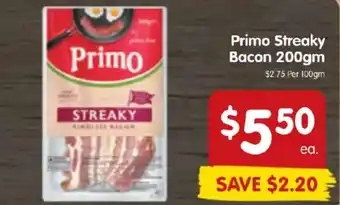 Spar Primo Streaky Bacon 200gm offer