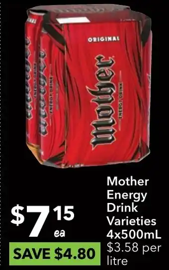 Ritchies Mother Energy Drink Varieties 4x500mL offer