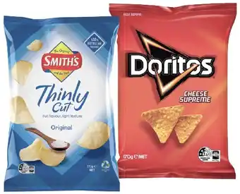 IGA Doritos Corn Chips or Smith's Thinly Cut Chips 150-175g Selected Varieties offer