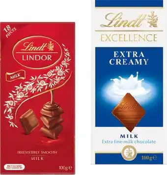 IGA Lindt Lindor or Excellence Chocolate Block 80-100g Selected Varieties offer