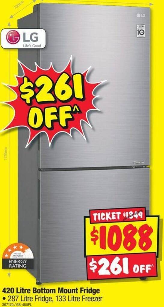 LG 420 Litre Bottom Mount Fridge offer at JB HiFi