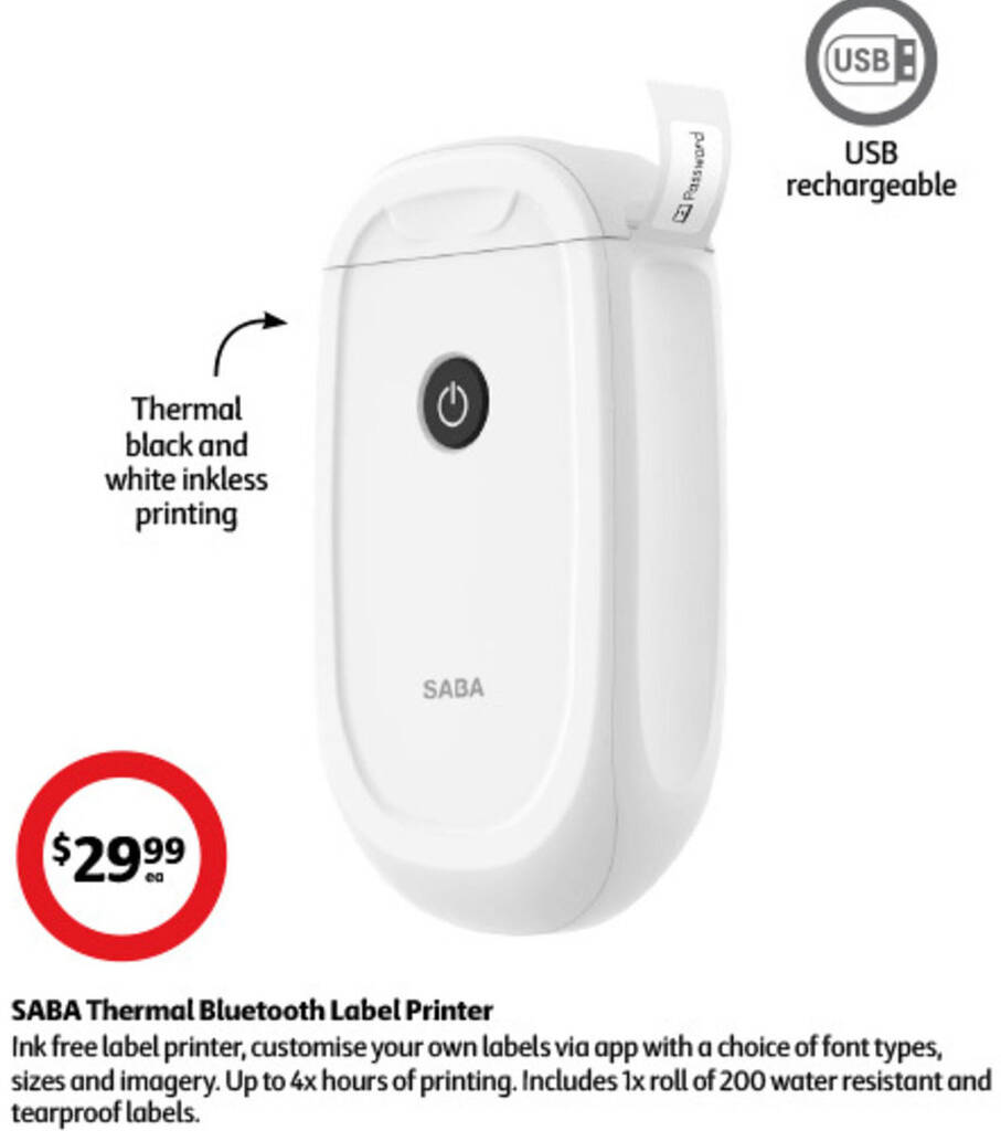 SABA Thermal Bluetooth Label Printer offer at Coles