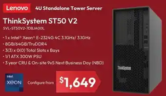 Leader Computers Lenovo 4U Standalone Tower Server, ThinkSystem ST50 V2 offer