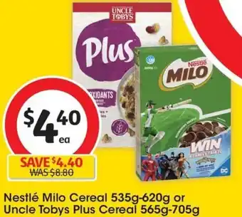 Coles Nestlé Milo Cereal 535g-620g or Uncle Tobys Plus Cereal 565g-705g offer