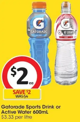 Coles Gatorade Sports Drink or Active Water 600mL offer