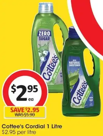 Coles Cottee's Cordial 1 Litre offer