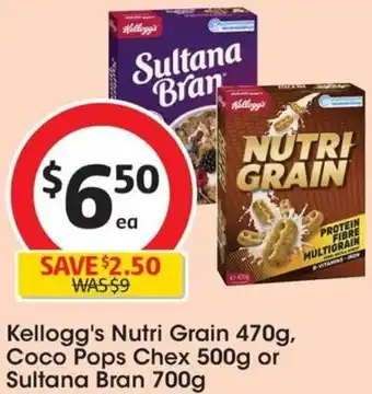 Coles Kellogg's Nutri Grain 470g, Coco Pops Chex 500g or Sultana Bran 700g offer