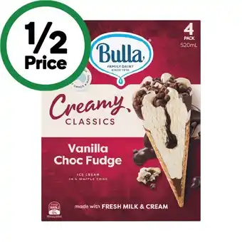 Woolworths Bulla Cones or Sandwiches 520-560ml Pk 4 – From the Freezer offer