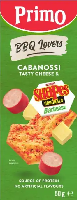 Coles Primo Trios Cabanossi, Tasty Cheese & Barbecue Shapes 50g offer