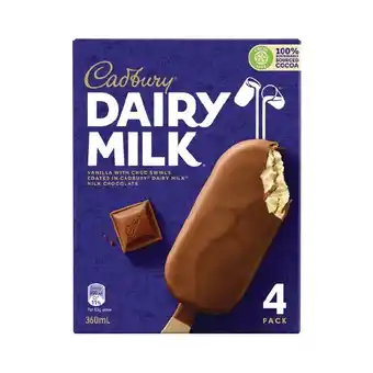 Woolworths Cadbury Ice Cream Bars or Sticks 300-360ml Pk 4 offer