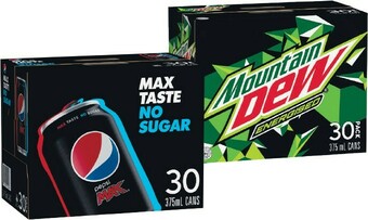 Woolworths Pepsi, Solo, Sunkist, Mountain Dew or Schweppes Lemonade Soft Drink Can Varieties 30 x 375ml offer