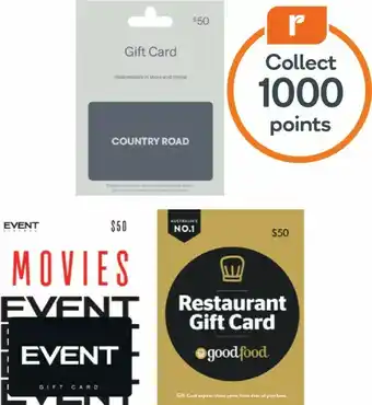 Woolworths $50 Country Road, Event Cinemas or Good Food Gift Card† offer