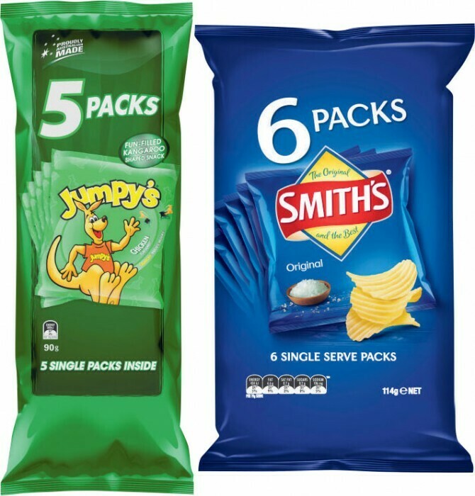 Smith’s Chips 6 Pack 114g, Jumpy’s 5 Pack 90g, Poppables 90g or Grain