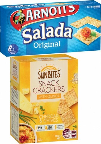 Coles Sunbites Snacks Crackers 105g-110g or Arnott’s Salada Crispbread 250g offer