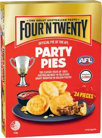 Coles Four’N Twenty AFL Party Pies or Mini Sausage Rolls 24 Pack 900g-1.12kg offer