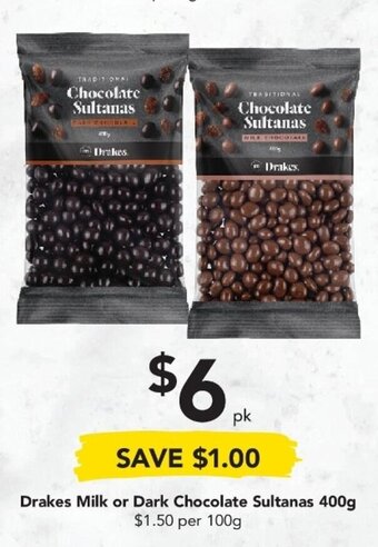 Drakes Drakes Milk or Dark Chocolate Sultanas 400g offer